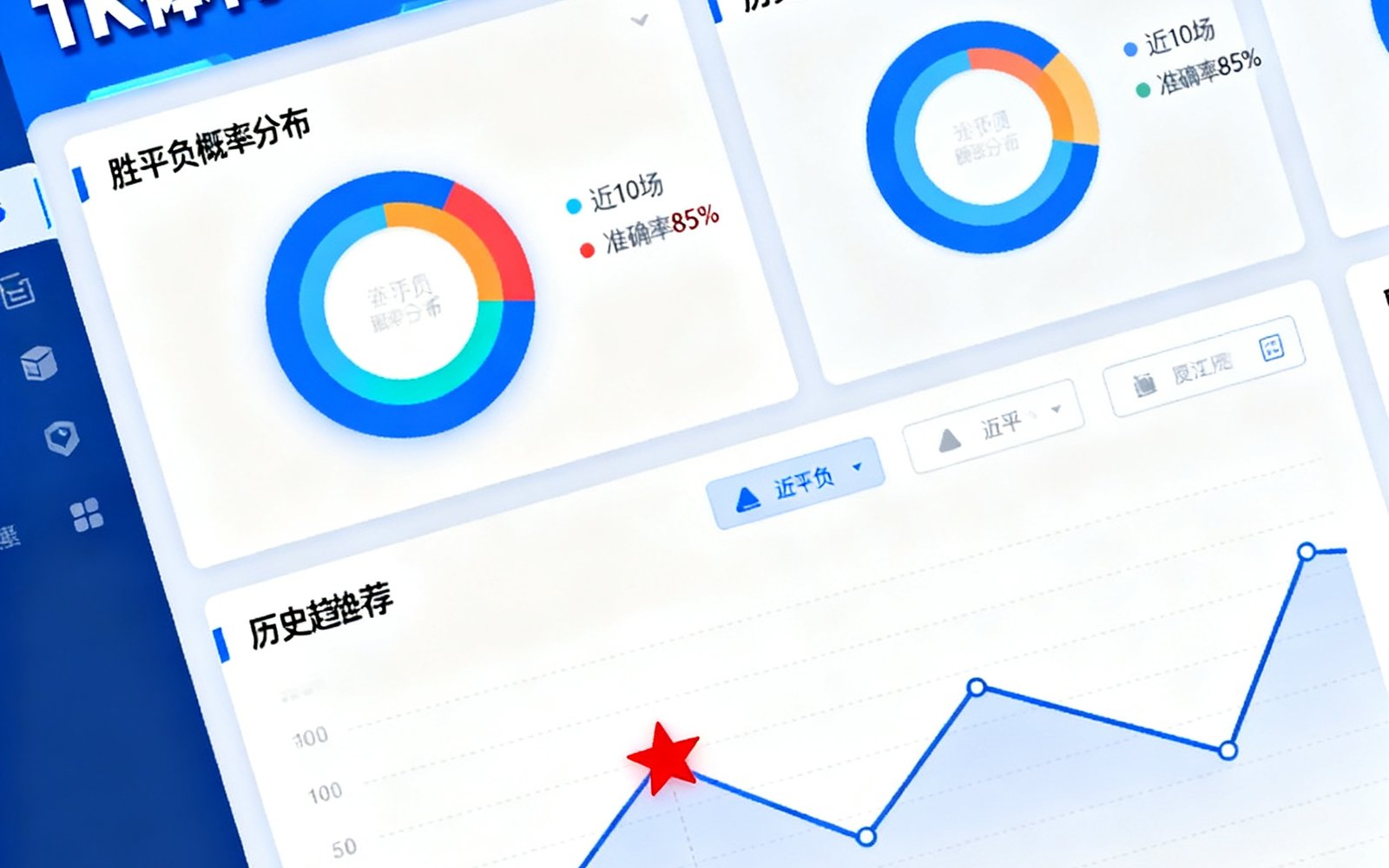 TK体育AI预测数据仪表盘界面，展示多场比赛的胜平负概率分布、历史趋势曲线和智能推荐标记